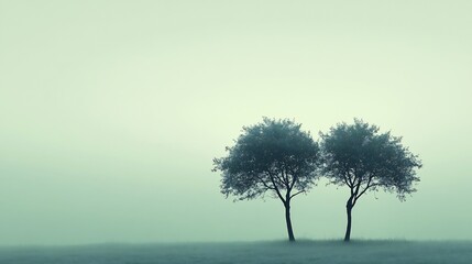 Poster - Serene minimalistic design with silhouettes of two trees standing close together their branches intertwined representing friendship and support on a soft green background for Friendship Day