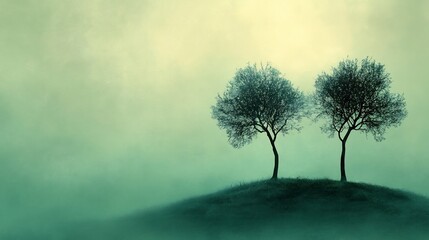 Poster - Serene minimalistic design with silhouettes of two trees standing close together their branches intertwined representing friendship and support on a soft green background for Friendship Day