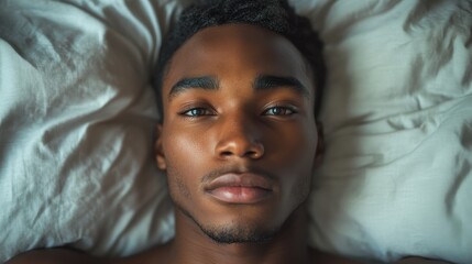 Wall Mural - Young African American man lying in bed, his expression contemplative and serene. The soft focus on the background emphasizes his thoughtful gaze, suggesting a moment of introspection or relaxation