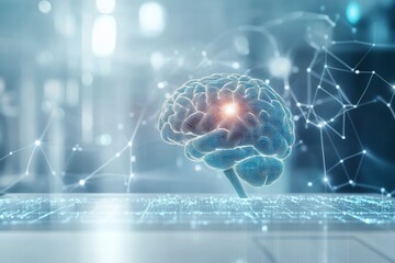 Poster - A digital representation of a human brain highlighting neural connections and technology integration