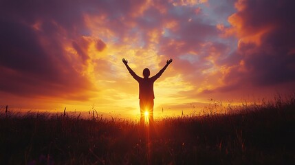 Poster - Silhouette of a person raising their hands towards a glowing sunset the sky painted with warm orange and purple hues symbolizing faith and devotion in a serene Christian concept scene