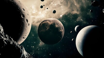 Poster - A cosmic landscape with a cluster of planets and stars.