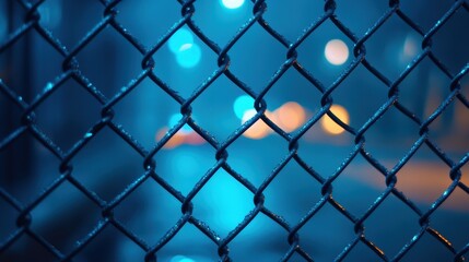 Close-up of Metal Chain Link Fence with Blue Lighting and Depth of Field