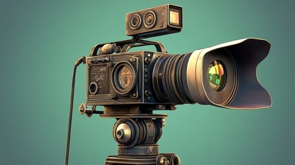 Vintage professional film camera with large lens and flash mounted on tripod, ready for cinematic shooting against teal background. Nostalgic cinematography.