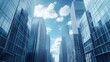 © ArmStrong☠ - Low angle view of tall modern glass buildings in a city with blue sky and white clouds.