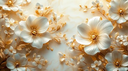 Poster - Sophisticated wedding invitation background featuring lush white and shimmering gold flowers scattered artistically across a soft pastel backdrop perfect for capturing the essence of romance