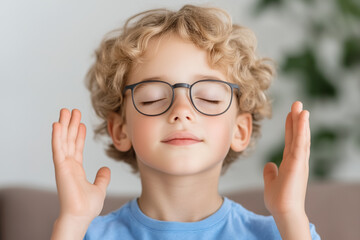 mindful elementary school boy with glasses practicing meditation and relaxation techniques with peaceful expression