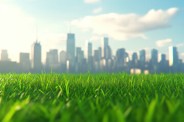 cityscape of future behind a grass field, blurred modern urban skyline, green environment, energy ba