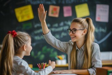 Cheerful European female teacher giving high five to pupil girl sitting at desk. Education, teaching, learning and school concept