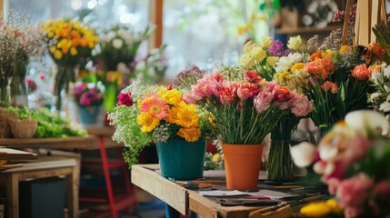 Poster - A picturesque flower arranging workshop with colorful blooms and tools, Floral arrangements set up for creativity, Classic photo of
