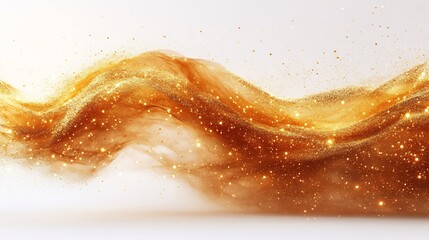 Poster - Striking display of golden sand flying in an abstract wave formation isolated on a white background showcasing the fine grains suspended in a cloudlike explosion of movement