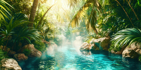 Poster - A lush tropical forest with a river running through it