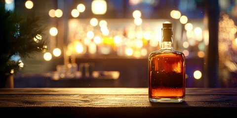 Wall Mural - A bottle of liquor sits on a wooden table in a dimly lit bar