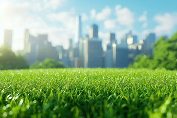 cityscape of future behind a grass field, modern urban skyline, green environment, bokeh, energy balance and ecological life, photorealistic