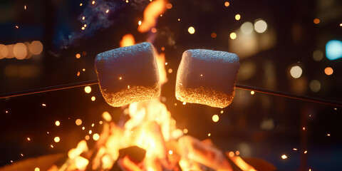 Two marshmallows are being held over a fire