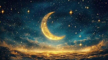 Wall Mural - A glittering crescent moon shines among sparkling stars in a night sky filled with shimmer