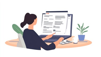 Poster - a woman sitting at a desk, working on a laptop. she is pointing at the screen with her right hand. t