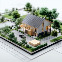 Modern architectural model of a stylish two-story house with a landscaped garden.