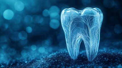 Poster - stunning visualization featuring a transparent tooth with intricate roots set against a vibrant blue