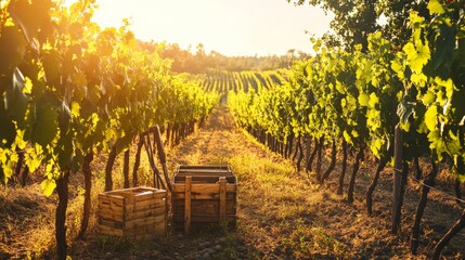 Poster - A picturesque vineyard with rows of grapevines basking in afternoon sunlight, Pruning shears and wine barrels among the vines, Winemaking tradition style