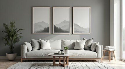 Posters in grey living room, Modern with sofa, stylish furniture, and contemporary design elements, elegance with plant domestic with chic coffee table