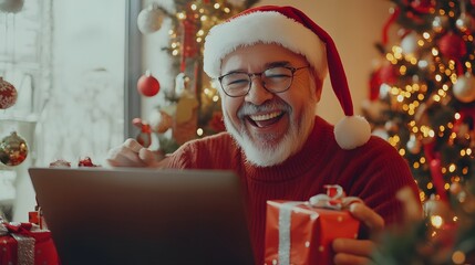 A Joyful Man in a Santa Hat Uses a Laptop and Holds a Present During Christmas