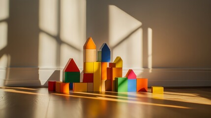 Poster - A playful building blocks setup in a sunlit room, Colorful blocks arranged in creative patterns, Modern playful style