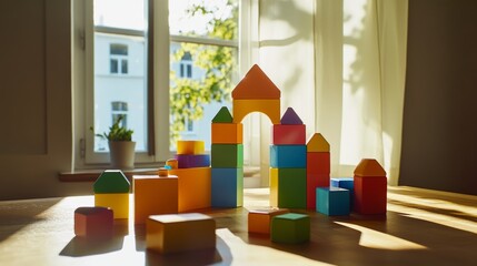 Poster - A playful building blocks setup in a sunlit room, Colorful blocks arranged in creative patterns, Modern playful style