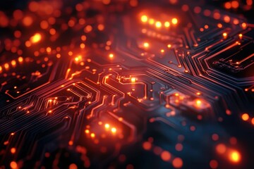 Poster - Intricate close-up of a glowing circuit board showcasing vibrant orange lights and pathways