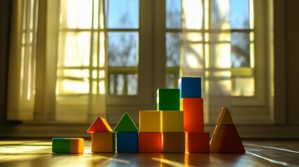 Poster - A playful building blocks setup in a sunlit room, Colorful blocks arranged in creative patterns, Modern playful style