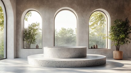 Poster - Stylish modern minimalist interior speckled round terrazzo podium cool gray tones complemented gentle lavender arches illuminated by natural light ideal for sophisticated product display or branding