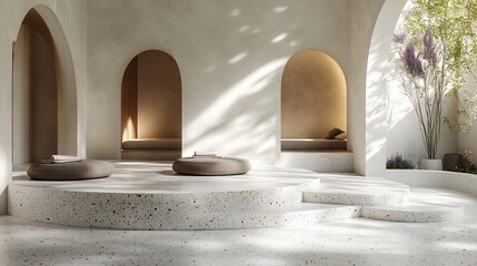 Poster - Stylish modern minimalist interior speckled round terrazzo podium cool gray tones complemented gentle lavender arches illuminated by natural light ideal for sophisticated product display or branding