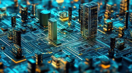 Fototapete - A futuristic cityscape made of glowing circuit boards with skyscrapers and infrastructure in a digital style.