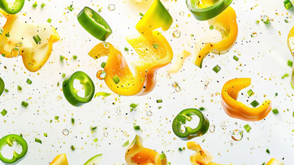 Juicy pieces of yellow and green fresh bell peppers float in the air with fragrant spices on a white background. An ingredient for a summer salad. Food background. Healthy eating. A vegan diet