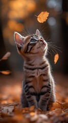 Poster - Sweet kitten sitting among scattered yellow autumn leaves playfully batting at a leaf in the breeze surrounded by a serene park with the ground blanketed in colorful fall foliage