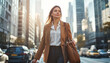 © Chatupat - confident businesswoman walks through bustling city street, exuding determination and focus amidst urban landscape.