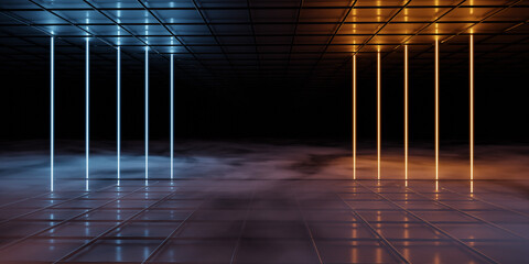 Poster - futuristic blue and orange light beams in dark setting
