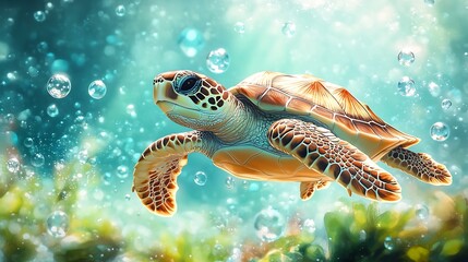 Poster - Sweet turtle swimming on a fresh aqua background with bubbles and seaweed around capturing a serene moment for a unique birthday card with plenty of copy space for text