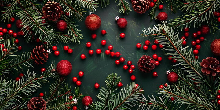 Holiday card with Christmas Tree, Christmas ornament background, ornate floral frame and copy space, dark green background