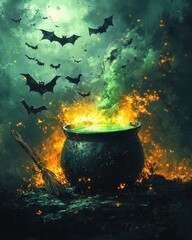 Halloween Witch's Cauldron with Green Potion, Bats, and Flames.