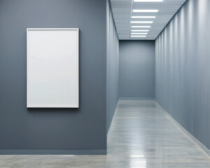 Aufkleber - A minimalist hallway with gray walls and bright lighting, featuring a blank white frame ready for artwork or information.