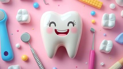 Poster - Vibrant 3D illustration featuring a cheerful smiling tooth surrounded by colorful dental tools set against a soft background emphasizing the joy of maintaining healthy teeth