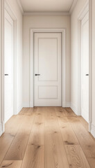 Poster - A minimalist hallway featuring light wooden flooring and white doors, creating a spacious and airy atmosphere.