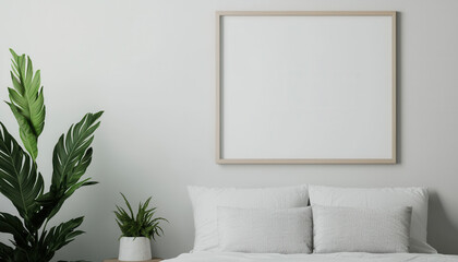 Aufkleber - A serene bedroom scene featuring a blank wall frame, soft bedding, and a vibrant plant, creating a calming and minimalist atmosphere.