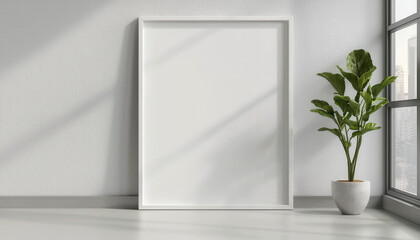 Aufkleber - A minimalist interior scene featuring an empty white frame and a potted plant, illuminated by natural light from a window.