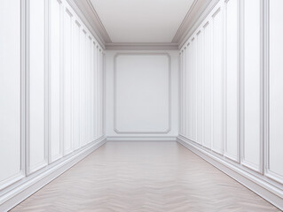Poster - A bright, minimalistic hallway featuring white walls, elegant moldings, and hardwood flooring, creating a serene and spacious ambiance.