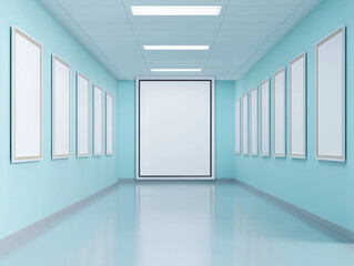Poster - A minimalist gallery with light blue walls and multiple blank frames, inviting creativity and showcasing potential art.