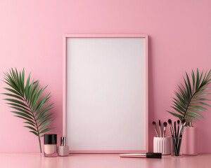 Poster - A minimalist pink background featuring a blank picture frame, surrounded by makeup brushes, cosmetics, and tropical leaves, creating a chic vanity display.