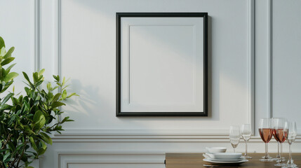Poster - A minimalist interior scene featuring a blank framed picture against a textured wall, with a dining table set nearby and a plant on the side.
