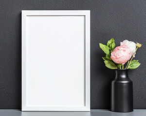 Poster - A minimalist decor featuring a blank frame and a vase with pink peonies against a textured black background.
